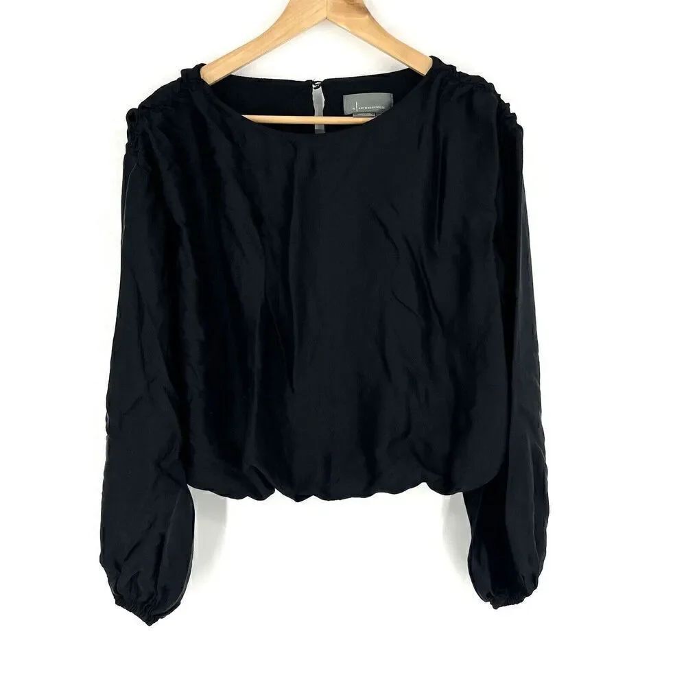 by Anthropologie Shirt Size Small Womens Black Satin Puff Long Sleeve Top Crop